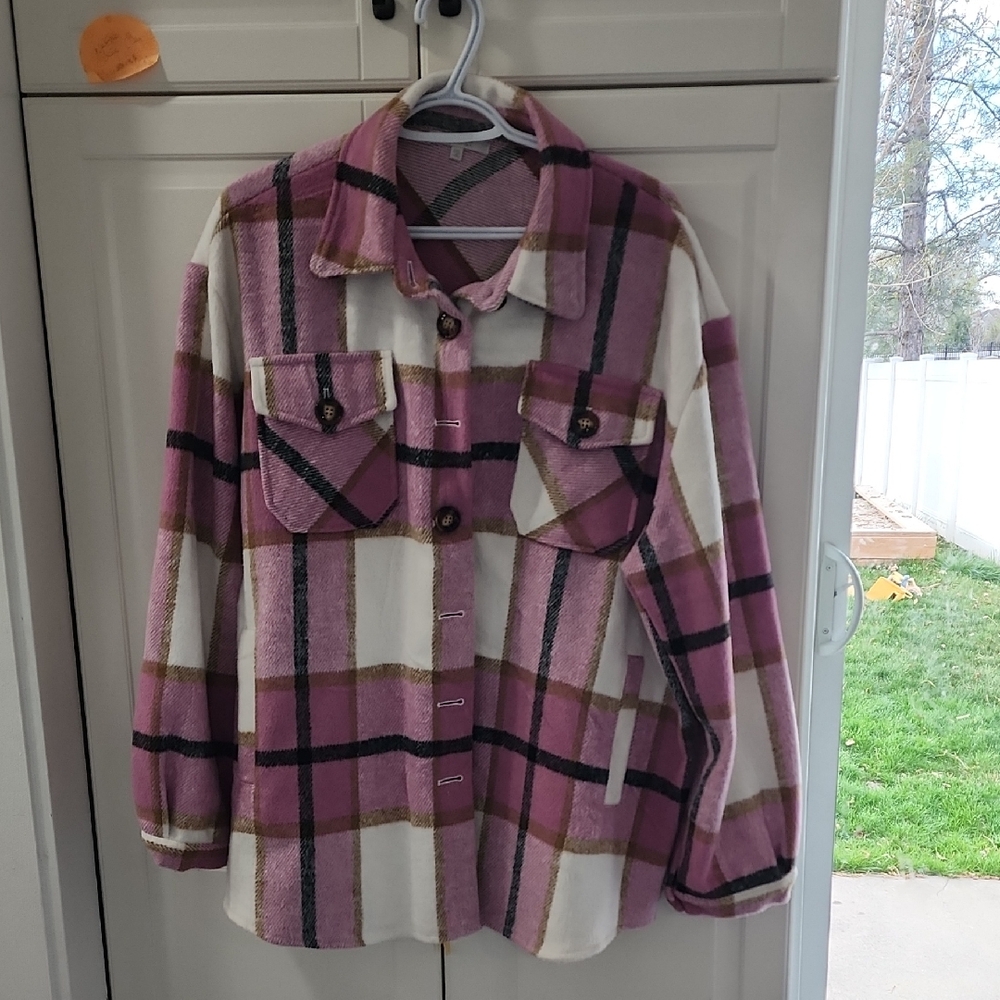Pink & Cream Plaid Utility Shacket Jacket